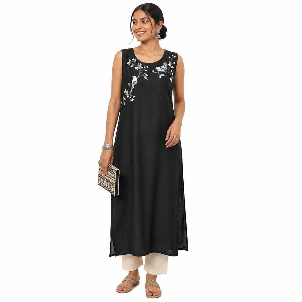 PRAPTI Size Large Black‎ Semi-Sheer Bird Embroidered Indian Kurta Indianwear EUC